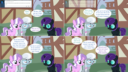 Size: 2564x1444 | Tagged: safe, artist:hakunohamikage, diamond tiara, silver spoon, oc, oc:nyx, alicorn, pony, ask-princesssparkle, g4, ask, comic, tumblr