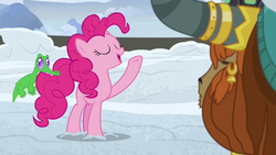 Size: 1280x720 | Tagged: safe, screencap, gummy, pinkie pie, prince rutherford, alligator, earth pony, pony, yak, not asking for trouble, biting, eyes closed, snow, tail bite