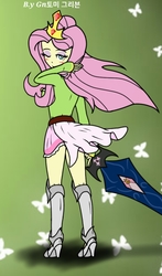 Size: 1440x2448 | Tagged: safe, artist:ajrrhvk12, fluttershy, equestria girls, g4, blushing, clothes, crown, female, high heels, jewelry, looking at you, looking back, one eye closed, out of character, rear view, regalia, shoes, solo, sword, weapon, wink