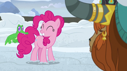 Size: 1280x720 | Tagged: safe, screencap, gummy, pinkie pie, prince rutherford, pony, yak, not asking for trouble, biting, eyes closed, smiling, snow, tail bite