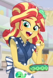Size: 780x1150 | Tagged: safe, artist:ta-na, sunset shimmer, eqg summertime shorts, equestria girls, g4, good vibes, alternate hairstyle, apron, barrette, blushing, clothes, cute, eyeshadow, female, food, hairclip, hairpin, happi, looking at you, makeup, open mouth, shimmerbetes, smiling, smirk, solo, sunset sushi, sushi, toy interpretation, uniform
