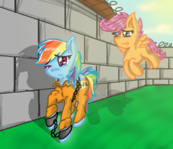 Size: 370x320 | Tagged: safe, artist:frostyshield951, rainbow dash, scootaloo, pegasus, pony, g4, b-f16, clothes, duo, prison, prison outfit, prisoner rd, scootaloo can fly