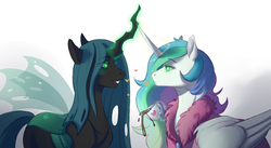 Size: 2466x1348 | Tagged: safe, artist:1an1, princess celestia, queen chrysalis, alicorn, changeling, changeling queen, pony, g4, female, floating heart, glowing eyes, heart, horn, horns are touching, hypnosis, lesbian, looking at each other, mare, ship:chryslestia, shipping, simple background, smiling