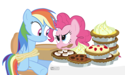 Size: 1000x600 | Tagged: safe, alternate version, artist:dm29, derpibooru exclusive, pinkie pie, rainbow dash, earth pony, pegasus, pony, g4, secrets and pies, chair, duo, eat my pie, female, food, lemon meringue pie, mare, marshmallow, mouth hold, pie, rope, spoon, strawberry pie, tied up, wooden spoon
