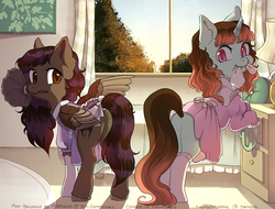 Size: 1008x768 | Tagged: safe, artist:condlie, oc, oc only, oc:euphoria, oc:rune riddle, pegasus, pony, unicorn, bed, bow, cleaning, cloth, clothes, dress, duo, duster, female, lamp, maid, mare, one wing out, pillow, rug, socks, sunset, tail, tail hole, tree, underhoof, unshorn fetlocks, window, ych result