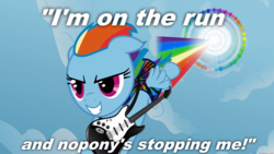 Size: 1920x1080 | Tagged: safe, edit, edited screencap, editor:grapefruitface, screencap, rainbow dash, pegasus, pony, g4, sonic rainboom (episode), bad guitar anatomy, clothes, electric guitar, female, flying, guitar, mare, musical instrument, on the run, parody, solo, song reference, sonic rainboom, toto (band)