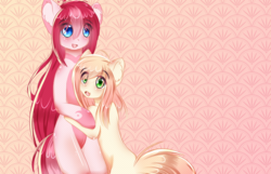 Size: 1000x642 | Tagged: safe, artist:php146, oc, oc only, oc:akarui sakura, oc:amai, earth pony, pony, anthro, semi-anthro, anthro with ponies, arm hooves, bipedal, female, hug, looking back, mare, open mouth, smiling