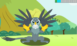 Size: 1168x706 | Tagged: safe, artist:iknowpony, gabby, griffon, g4, animated, cursor, female, flash game, game, gif, open mouth, petting, simulator, sitting, solo, spread wings, tree, video game, wings