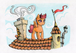 Size: 900x636 | Tagged: safe, artist:asimos, scootaloo, pony, g4, chimney, cloud, female, filly, rooftop, sky, solo