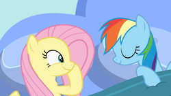 Size: 12800x7200 | Tagged: safe, artist:frownfactory, edit, fluttershy, rainbow dash, pegasus, pony, g4, secrets and pies, absurd resolution, bed, blanket, eyes closed, female, lesbian, mare, pillow, ship:flutterdash, shipping, sleeping, smiling