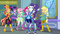 Size: 1920x1080 | Tagged: safe, screencap, applejack, fluttershy, pinkie pie, rainbow dash, rarity, sci-twi, sunset shimmer, twilight sparkle, equestria girls, g4, my little pony equestria girls: better together, super squad goals, boots, canterlot city, cowboy boots, crystal guardian, female, high heel boots, humane five, humane seven, humane six, ponied up, sci-twilicorn, shoes, super ponied up