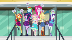 Size: 1920x1080 | Tagged: safe, screencap, applejack, fluttershy, pinkie pie, rainbow dash, rarity, sci-twi, sunset shimmer, twilight sparkle, equestria girls, equestria girls series, g4, the finals countdown, armpits, arms in the air, canterlot high, clothes, converse, female, fluttershy boho dress, geode of empathy, geode of sugar bombs, geode of super speed, geode of super strength, geode of telekinesis, hands in the air, humane five, humane seven, humane six, legs, magical geodes, pencil skirt, rarity peplum dress, shoes, skirt, test paper, unicorn master race