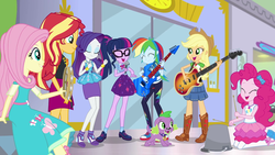Size: 1920x1080 | Tagged: safe, screencap, applejack, fluttershy, pinkie pie, rainbow dash, rarity, sci-twi, spike, spike the regular dog, sunset shimmer, twilight sparkle, dog, a fine line, equestria girls, g4, my little pony equestria girls: better together, canterlot mall, clothes, converse, drumsticks, geode of empathy, geode of fauna, geode of shielding, geode of sugar bombs, geode of super speed, geode of super strength, geode of telekinesis, guitar, humane five, humane seven, humane six, magical geodes, microphone, musical instrument, pencil skirt, rarity peplum dress, shoes, skirt, sneakers, tambourine