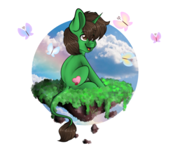 Size: 6000x5000 | Tagged: safe, artist:maximkoshe4ka, oc, oc only, oc:hazel nut, butterfly, pony, unicorn, absurd resolution, floating island, leonine tail, male, sitting, solo, stallion