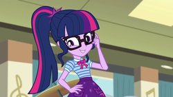 Size: 1920x1080 | Tagged: safe, screencap, sci-twi, twilight sparkle, equestria girls, g4, my little pony equestria girls: better together, overpowered (equestria girls), adorkable, cute, dork, female, geode of telekinesis, glasses, looking down, magical geodes, ponytail, solo