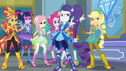 Size: 1920x1080 | Tagged: safe, screencap, applejack, fluttershy, pinkie pie, rainbow dash, rarity, sci-twi, sunset shimmer, twilight sparkle, equestria girls, g4, my little pony equestria girls: better together, super squad goals, boots, canterlot city, cowboy boots, crystal guardian, crystal wings, female, high heel boots, humane five, humane seven, humane six, ponied up, sci-twilicorn, shoes, super ponied up, superhero, wings