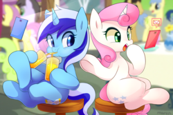 Size: 2374x1590 | Tagged: safe, artist:maren, blues, cherry cola, cherry fizzy, daisy, flower wishes, goldengrape, minuette, noteworthy, parasol, rainbow swoop, sir colton vines iii, spectrum, twinkleshine, pony, unicorn, g4, cellphone, cup, cute, drinking, female, lesbian, mare, minubetes, phone, shipping, sitting, smiling, twinklette
