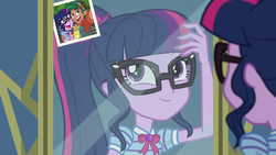Size: 1920x1080 | Tagged: safe, screencap, sci-twi, timber spruce, twilight sparkle, equestria girls, equestria girls series, g4, star crossed, adorkable, cute, dork, female, geode of telekinesis, glasses, male, mirror, photo, ponytail, selfie, shipping, smiling, straight, timberbetes, timbertwi, trophy, twiabetes