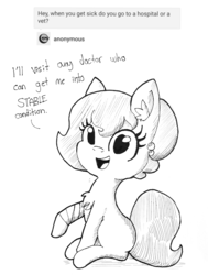 Size: 1544x2040 | Tagged: safe, artist:tjpones edits, edit, editor:dsp2003, oc, oc only, oc:brownie bun, earth pony, pony, horse wife, ask, bandage, chest fluff, dialogue, ear fluff, female, grayscale, inktober, lineart, looking at you, monochrome, pun, raised hoof, simple background, sitting, smiling, solo, traditional art, tumblr, white background