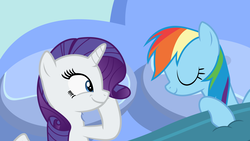 Size: 12800x7200 | Tagged: safe, artist:frownfactory, edit, rainbow dash, rarity, pegasus, pony, unicorn, g4, secrets and pies, absurd resolution, bed, blanket, eyes closed, female, lesbian, mare, pillow, ship:raridash, shipping, sleeping, smiling
