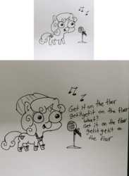 Size: 762x1039 | Tagged: safe, artist:tjpones, sweetie belle, pony, unicorn, g4, beanie, black and white, bling, clothes, dmx, female, get it on the floor, grayscale, hat, lineart, microphone, monochrome, music notes, rapper, shoes, singing, solo, song reference, traditional art