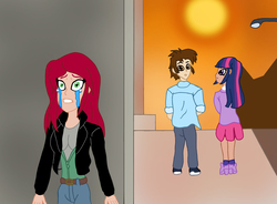 Size: 4066x3000 | Tagged: safe, artist:edcom02, twilight sparkle, human, spiders and magic: rise of spider-mane, g4, crossover, crying, love triangle, male, marvel, mary jane watson, peter parker, sad, spider-man