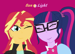 Size: 1639x1192 | Tagged: safe, artist:miraculouslover21, sci-twi, sunset shimmer, twilight sparkle, equestria girls, g4, cuddling, eyes closed, female, lesbian, one eye closed, ship:sci-twishimmer, ship:sunsetsparkle, shipping, simple background, smiling