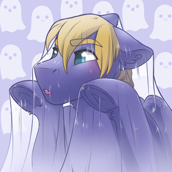 Size: 1500x1500 | Tagged: safe, artist:royvdhel-art, oc, oc only, oc:cloud quake, ghost, bedsheet ghost, clothes, costume, see-through, sheet, simple background, solo, underhoof
