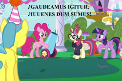 Size: 1080x720 | Tagged: safe, edit, edited screencap, editor:korora, screencap, lemon hearts, moondancer, pinkie pie, spike, twilight sparkle, alicorn, dragon, pony, amending fences, g4, canterlot, cropped, gaudeamus igitur, hat, latin, lyrics, party cannon, party hat, song reference, twilight sparkle (alicorn)