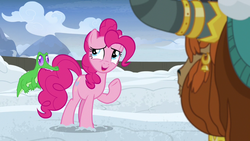 Size: 1280x720 | Tagged: safe, screencap, gummy, pinkie pie, prince rutherford, alligator, earth pony, pony, yak, not asking for trouble, biting, snow, tail bite