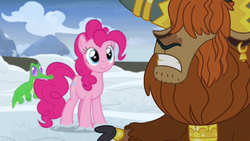 Size: 1280x720 | Tagged: safe, screencap, gummy, pinkie pie, prince rutherford, alligator, pony, yak, not asking for trouble, biting, cloven hooves, female, male, snow, tail bite