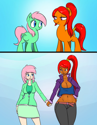 Size: 1954x2520 | Tagged: safe, artist:doublewbrothers, oc, oc only, earth pony, human, pegasus, pony, belly button, breasts, cleavage, duo, female, hairband, holding hands, looking at each other, mare, midriff