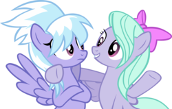 Size: 5426x3443 | Tagged: safe, artist:ironm17, cloudchaser, flitter, pegasus, pony, g4, bow, crossed arms, female, flying, grin, hair bow, hoof around neck, hoof on shoulder, looking at each other, mare, raised hoof, simple background, smiling, spread wings, transparent background, vector, wings