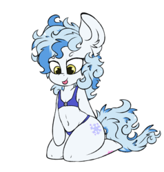 Size: 1280x1342 | Tagged: safe, artist:ashee, oc, oc only, oc:frostfall, earth pony, semi-anthro, belly button, clothes, ear fluff, female, kneeling, mare, simple background, smiling, solo, swimsuit, tongue out, transparent background, ych result, yellow eyes