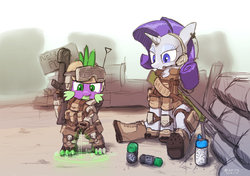 Size: 1024x721 | Tagged: safe, artist:satv12, rarity, spike, dragon, pony, unicorn, g4, airsoft, boots, clothes, female, gun, helmet, hologram, male, mare, military uniform, shoes, weapon