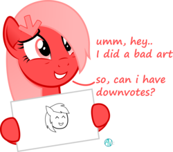 Size: 2200x1937 | Tagged: safe, artist:arifproject, oc, oc only, oc:downvote, earth pony, pony, derpibooru, cute, derpibooru ponified, dialogue, downvote bait, downvote's downvotes, downvotes are upvotes, holding, irony, meta, ocbetes, ponified, simple background, smiling, solo, stylistic suck, transparent background, you tried