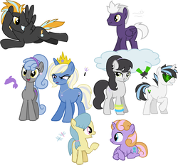 Size: 1600x1485 | Tagged: safe, artist:lost-our-dreams, oc, oc only, oc:comet blaze, oc:dolphin dancer, oc:dragonfly, oc:magic trick, oc:pageant prize, oc:silver wind, oc:strobe light, oc:treble tune, earth pony, pegasus, pony, unicorn, female, filly, male, mare, offspring, parent:cloudchaser, parent:diamond tiara, parent:hoity toity, parent:lightning dust, parent:neon lights, parent:octavia melody, parent:prince blueblood, parent:royal riff, parent:sapphire shores, parent:silver spoon, parent:snails, parent:snips, parent:thunderlane, parent:trixie, parent:vinyl scratch, parents:bluetrix, parents:diamondsnips, parents:snailspoon, parents:thunderchaser, parents:thunderdust, parents:vinylights, prone, simple background, stallion, white background