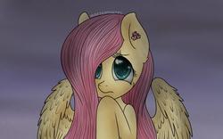 Size: 1600x1000 | Tagged: safe, artist:martenmartes, fluttershy, pegasus, pony, g4, bust, cute, eyelashes, female, hair over one eye, looking up, overcast, portrait, shy, shyabetes, solo, wings