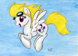 Size: 824x589 | Tagged: safe, artist:jenkiwi, surprise, pegasus, pony, g1, female, flying, goggles, mare, open mouth, simple background, solo, traditional art