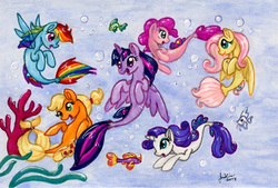 Size: 756x512 | Tagged: safe, artist:jenkiwi, applejack, fluttershy, pinkie pie, rainbow dash, rarity, twilight sparkle, alicorn, seapony (g4), g4, my little pony: the movie, cute, mane six, seaponified, seapony applejack, seapony fluttershy, seapony pinkie pie, seapony rainbow dash, seapony rarity, seapony twilight, species swap, swimming, traditional art, twilight sparkle (alicorn), underwater