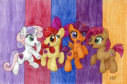 Size: 741x493 | Tagged: safe, artist:jenkiwi, apple bloom, babs seed, scootaloo, sweetie belle, earth pony, pegasus, pony, unicorn, g4, cousins, cutie mark crusaders, female, filly, smiling, traditional art