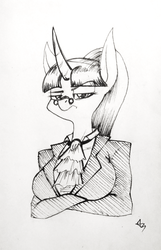 Size: 775x1200 | Tagged: safe, artist:underpable, snowfall frost, starlight glimmer, anthro, g4, big breasts, breasts, female, inktober, monochrome, solo, traditional art