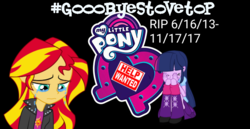 Size: 823x424 | Tagged: safe, derpibooru exclusive, sunset shimmer, twilight sparkle, alicorn, equestria girls, g4, my little pony equestria girls: better together, crying, equestria girls logo, rest in peace, teary eyes, twilight sparkle (alicorn)