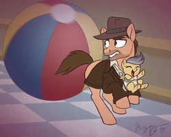 Size: 944x754 | Tagged: safe, artist:maybehawthorn, daring do, indiana pones, earth pony, pegasus, pony, g4, baby, baby daring do, baby pony, ball, beach ball, crossover, fanart mashup challenge, foal, indiana jones, ponified, running