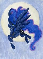 Size: 653x892 | Tagged: safe, artist:jenkiwi, princess luna, alicorn, pony, g4, female, flying, full moon, mare, moon, smiling, solo, spread wings, traditional art, watercolor painting, wings