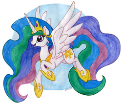 Size: 853x728 | Tagged: safe, artist:jenkiwi, princess celestia, alicorn, pony, g4, crown, female, flying, jewelry, mare, open mouth, regalia, simple background, smiling, solo, traditional art, watercolor painting