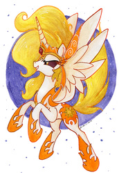 Size: 590x859 | Tagged: safe, artist:jenkiwi, daybreaker, alicorn, pony, g4, female, helmet, mare, marker drawing, rearing, smiling, solo, traditional art, watercolor painting