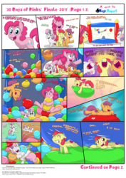 Size: 2480x3508 | Tagged: safe, artist:rupert, apple bloom, pinkie pie, scootaloo, sweetie belle, series:30 dayz of pinks, g4, balloon, balloon riding, bouncing, bouncy castle, comic, cute, cutie mark crusaders, female, filly, happy, high res, hug, laughing, lying down, mare, nose in the air, playing, prone, squeak, squished, that pony sure does love balloons, tongue out, upside down