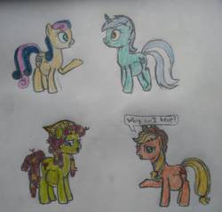 Size: 1926x1836 | Tagged: safe, artist:someguy458, applejack, bon bon, lyra heartstrings, sweetie drops, tree hugger, g4, applejack is not amused, background pony, pregnant, traditional art, unamused, unfunny