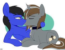 Size: 2307x1777 | Tagged: safe, artist:higglytownhero, oc, oc only, oc:argentum, oc:tony, pegasus, pony, unicorn, collar, eyes closed, gay, kissing, lying down, male, on back, prone